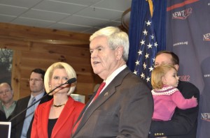 Presidential hopeful Newt Gingrich, flanked by wife Callista, speaks at Mutt’s BBQ in Easley last Wednesday, just three days before winning the South Carolina Republican Primary.