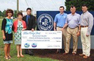 Samaritan Health Clinic of Pickens County — Representatives of Blue Ridge Fest and Martin Printing Company, sponsor of Blue Ridge Fest, present a check for $13,000 to Samaritan Health Clinic of Pickens County. Pictured, from left, Michelle Watson, Blue Ridge Electric Cooperative; Elaine Banks, Blue Ridge Electric Cooperative and board member of Samaritan Health Clinic of Pickens County; Tobias Vogel, Executive Director, Samaritan Health Clinic of Pickens County; Craig Ragsdale, Martin Printing Company; Bill Ragsdale, Martin Printing Company; and Will Ragsdale, Martin Printing Company. 