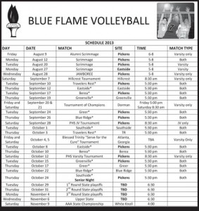 2013 Pickens Volleyball Schedule