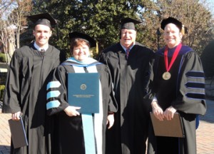 Three former Pickens-area residents recently received degrees from Southeastern Baptist Theological Seminary. Pictured above are MacKenzie Allen Johnson, Dr. Merrie Allen Johnson and Christopher Ray Allen with Dr. Daniel Akin, President of Southeastern Baptist Theological Seminary.  