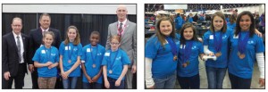 Left: Forest Acres team members are pictured with representatives from the Society of Automotive Engineers. The students, from left, are Olivia Bates, Gabrielle Warren, Miles Martin and Julia Martin. Right: Chastain Road team members, from left, Caidence Lollis, Gabbie Juan, Hannah Lauber and Halle Johnson.