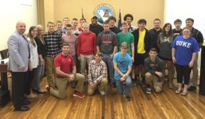 The City of Liberty recently honored the Liberty wrestling team, which went 29-4 on the way to being named Pickens County champions, Region I-AA champions and Upper State champions this season. Pictured are Liberty Mayor Eric Boughman with coach Dale Burrell, assistant coach Jacob Leslie, wrestlers Devin Johnston, Jacob Rogers, Matt Frey, Kyle Chrzanowski, Cole Murphy, Dylan Riddle, Kris Murphy, Cameron Garrison, Sam Vidal, Lucas Bates, Breck Dismukes, Seth Scruggs, Dee Mansell, Gatlin Bell, Noah Kelly, Caleb White, John Michael McGaha, Brandon Vega-Monroy and Dylan Phillips and trainers Emily Gibson, Ivy Grace Gibson, Victoria Black and Susie Whitmire.