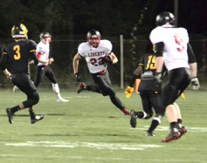 Brandy Karr/Photo Liberty’s Tyler Renaud looks for running room during the Devils’ loss at Chesnee on Friday night.