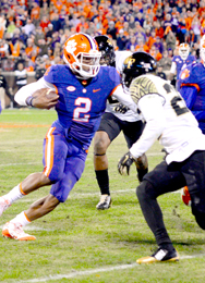 Kerry Gilstrap/Courier Clemson freshman quarterback Kelly Bryant, a Wren graduate, carries the ball during the Tigers’ win over Wake Forest on Saturday.