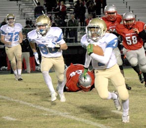 Rocky Nimmons/Courier Daniel freshman Kiandre Sims was a bright spot in Friday night’s season-ending loss against South Pointe, as he run for 81 yards on 17 carries in his first varsity action.