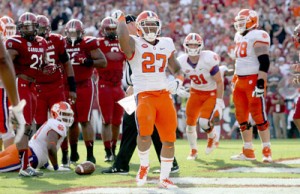 Rex Brown/Courtesy The Journal Former Easley standout running back C.J. Fuller celebrates after scoring his first touchdown as a Clemson Tiger in the third quarter of Saturday’s win at South Carolina.