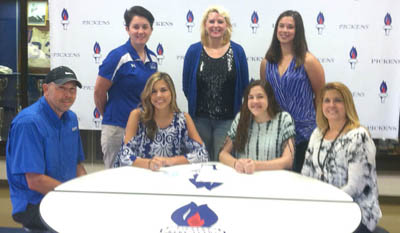 Haley Holcombe accepted a volleyball scholarship from Spartanburg Methodist College on Friday morning. Front row, from left: Rex Holcombe, Haley Holcombe, Hannah Holcombe and Rae Holcombe. Back row: Spartanburg Methodist coach Megan Aiello, Pickens coach Jennifer Gravely and Pickens assistant coach Lauren Carlisle. 