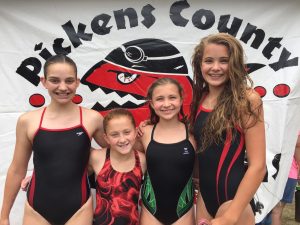 Angela Lucas/Photo The state YMCA championship team for 11-12 girls in both freestyle relay and individual medley relay was the Pickens County YMCA Piranhas team of, from left Tamara Boysworth, Elizabeth Blakely, Emma Yousey and Caroline Lucas.